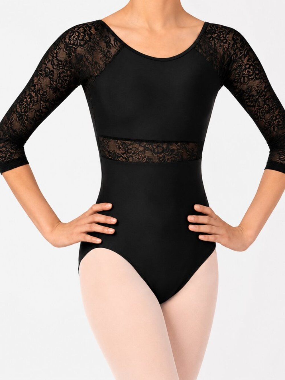 Natalie Couture black lace 3/4 sleeve leotard in girls size MEDIUM CHILD